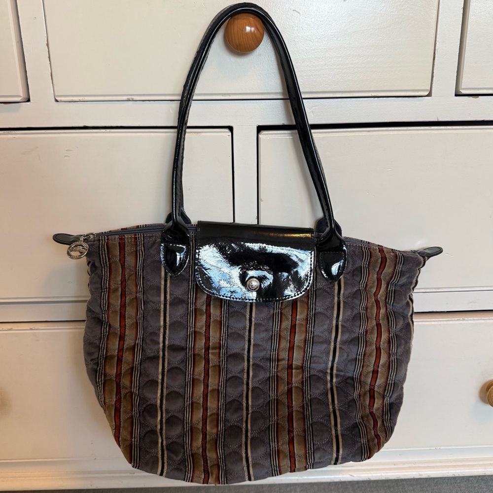 Longchamp Quilted Stripe Tote in Brown and Black Patent Trim